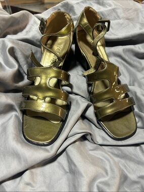Yves Saint Laurent Olive Patent Strappy Block Sandals